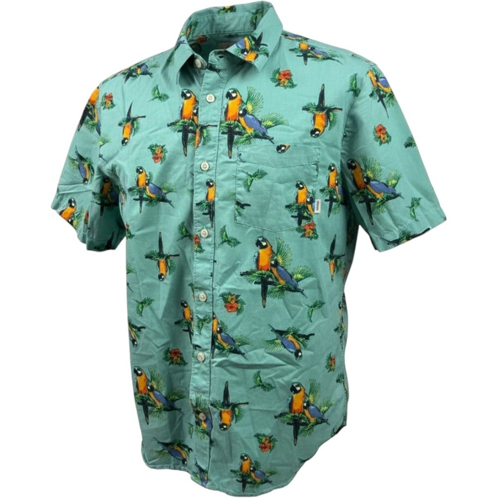 Vans Mens Medium Short Sleeve Button Down Shirt Teal Green Parrot Tropical Print